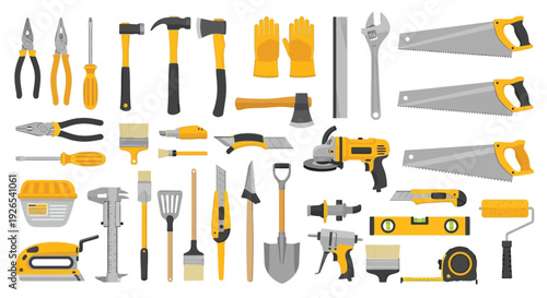 A colorful collection of various hand tools and safety equipment