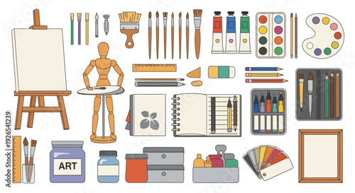 An assortment of art supplies including paints brushes and drawing tools