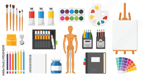 Colorful art supplies including paints brushes and drawing tools arranged neatly
