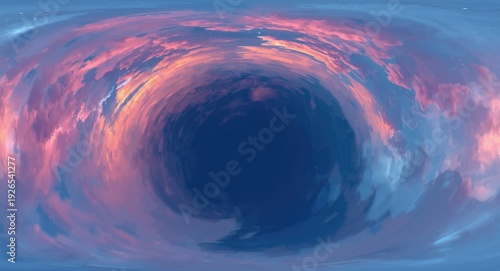 Glowing abstract objects in spherical HDRI panorama with illuminated sky backdrop