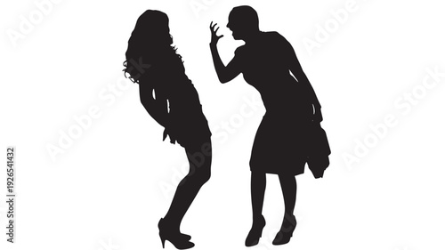 Women silhouette arguing in confrontation with one person pointing finger and the other leaning back, conflict concept in black cutout style isolated on white background