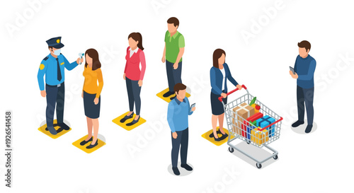 People undergoing temperature checks and maintaining social distance in public