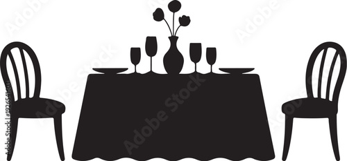 Black silhouette of a dining table set for two with flowers