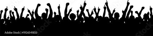 Dynamic silhouette of a cheering crowd with raised hands and fists against white background.