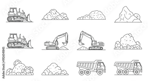 Construction machinery and piles of rocks in linear design illustration