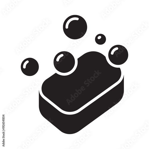 Simple black icon depicting a bar of soap with surrounding bubbles