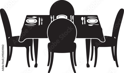 Black silhouette of a dining table with four chairs 1