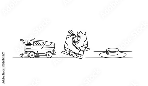 vector illustration of a truck Minimalist Linear Ice Rink Scene with Zamboni Skates and Hockey Puck Vector Illustration