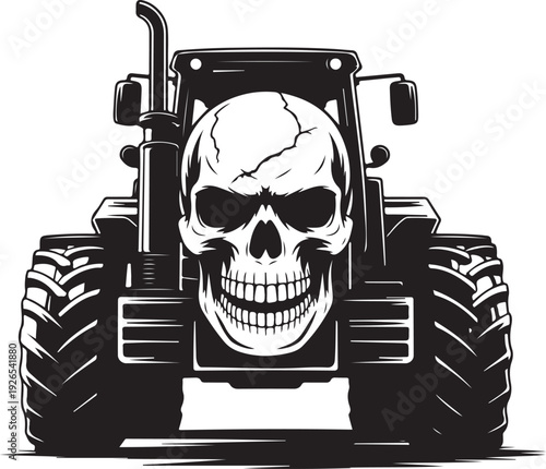 Tractor with a skull on the front grille driving vehicle