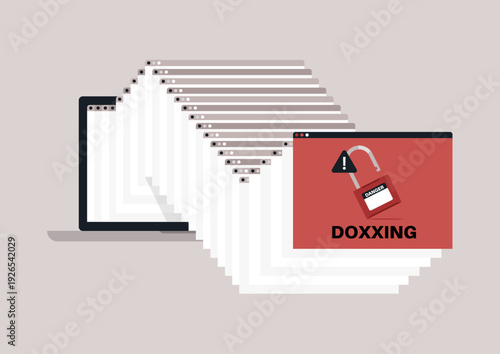 Multiple laptop windows are stacked in a cascade, displaying important warnings about doxxing and online privacy risks in a tech-savvy workspace setting
