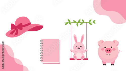 Collection of pink colored items including a wide-brimmed hat, a spiral notebook, a rabbit on a swing, and a round pig.