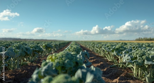 Green broccoli plants developing healthily in a vast open crop field