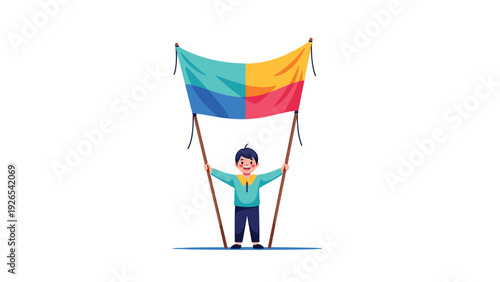 Smiling boy holding up a large colorful rectangular banner with four different colored sections on a white background.