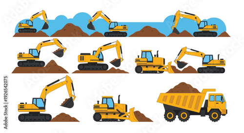 Construction equipment including excavators and a dump truck working on a site