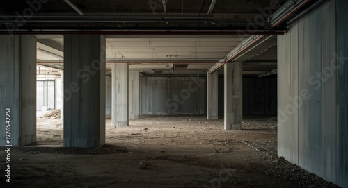 Modern construction basement featuring prominent concrete walls and supports