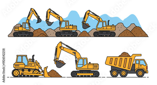 Construction machinery working at a site with earthmoving equipment