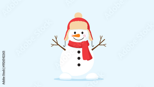 Friendly snowman wearing a warm red winter hat and a matching scarf standing on a light blue snowy ground in winter.