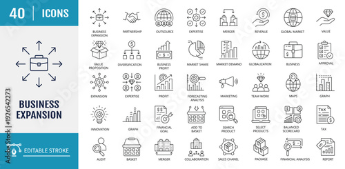 Business Expansion icons set. Includes growth, strategy system in global business network and more. Vector Illustration with editable strokes