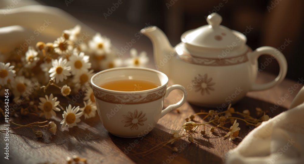 Fototapeta premium A cup and pot showcasing fragrant chamomile herbal tea for calm moments