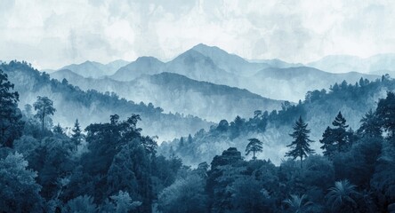 Tableau sur plexiglas  Monochrome blue mural wallpaper with mountain view and textured watercolor forest and jungle background  © TheWaterMeloonProjec
