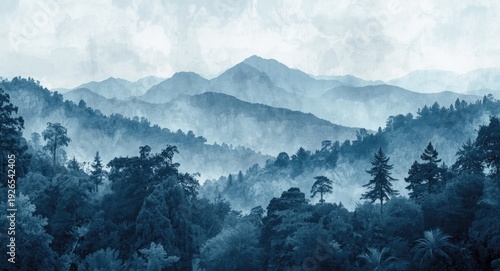 Monochrome blue mural wallpaper with mountain view and textured watercolor forest and jungle background