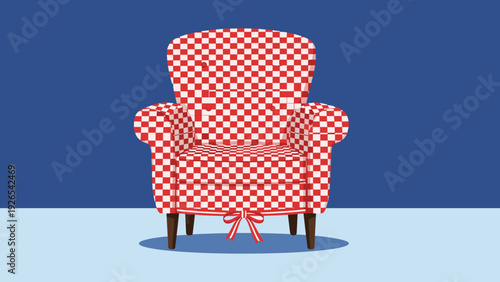Comfortable armchair upholstered in a classic red and white checkered pattern with a decorative bow at the bottom frame.