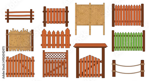 Collection of wooden fence panels and gate designs in illustration