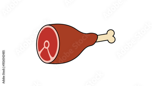 Cartoon style illustration of a large piece of red meat or ham with a white bone sticking out from one end on white frame.