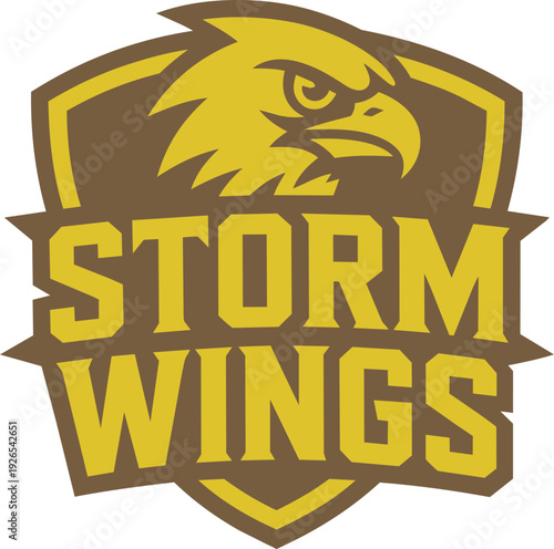 Storm wings eagle mascot logo featuring sharp bird profile on shield for competitive athletics