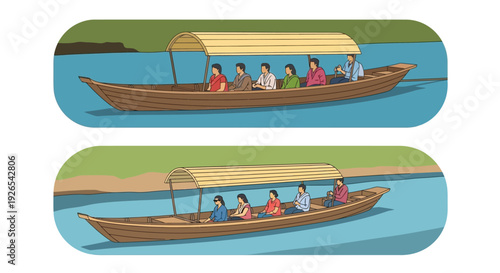 Illustration of traditional boats with passengers on a tranquil river