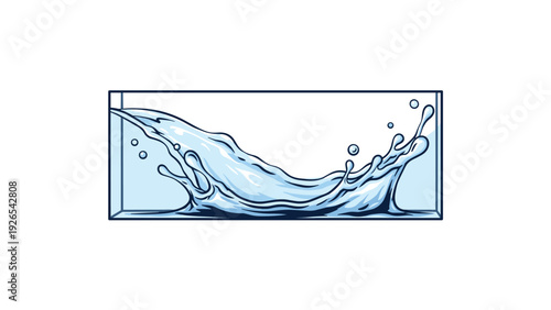 Refreshing blue water splashing dynamically inside a transparent rectangular glass tank against a clean white background.