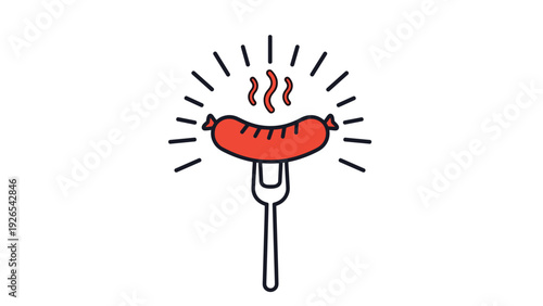 Grilled red sausage served on a fork with steam lines indicating a hot and delicious snack, breakfast item, or barbecue meal.