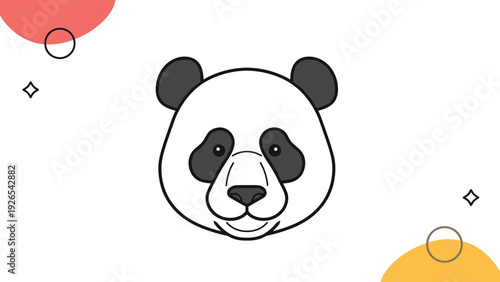 Cute panda face illustration with large black patches around the eyes and ears on a background with colorful shapes.