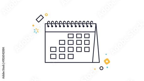 Simple calendar icon showing several dates with floating geometric elements and a metallic spiral binding at the top.