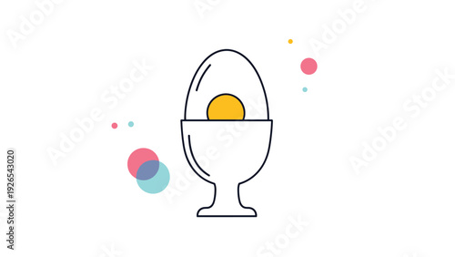 Simple boiled egg sitting in a white egg cup with various colorful circles and dots floating in the background space.