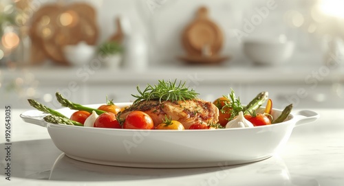 Wallpaper Mural Roasted chicken breast with fresh herb topping paired with bright cherry tomatoes and asparagus on white serving dish in bright kitchen Torontodigital.ca
