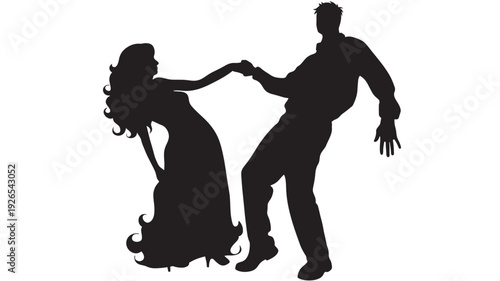 Couple dancing silhouette with man leading woman in elegant dress, romantic ballroom pose, black cutout style isolated on white background for poster design