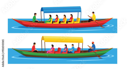 Two colorful longtail boats carrying passengers navigate calm blue waters