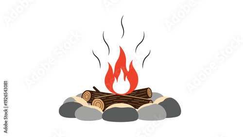 Burning campfire made of several wooden logs and a ring of gray stones with orange flames and rising smoke lines.