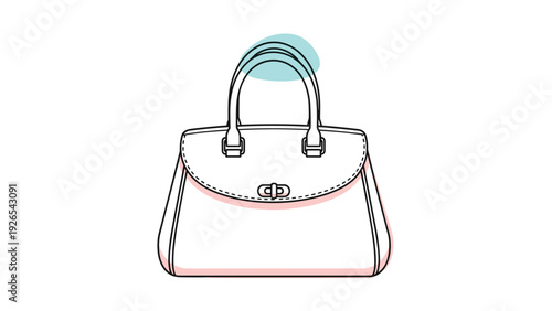 Elegant women's handbag with a handle and clasp shown in a minimalist line art style with a soft blue accent shape.