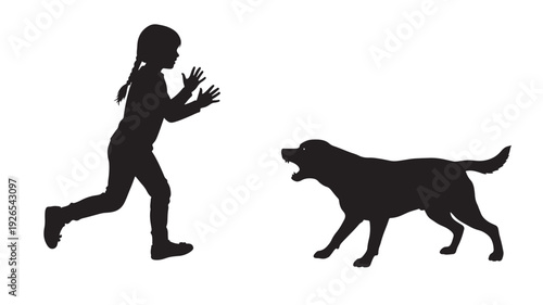 Girl running from dog with hands up in fear silhouette image featuring black, white, child with canine and animal elements for pet, aggression projects, clean composition on simple background