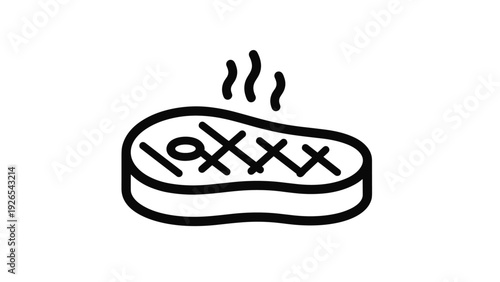 Simple black outline of a grilled steak with heat lines coming from it to represent a hot and freshly cooked meal.