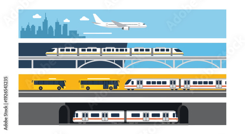 Various modes of transportation are illustrated in a flat vector style