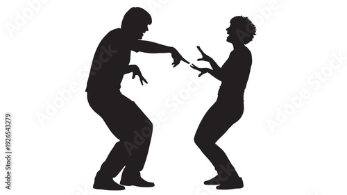 Silhouettes dancing couple performing playful hip hop or modern dance moves, two people facing each other with expressive hands, isolated black figures on white background