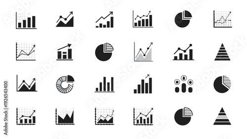 Large collection of business graph and chart icons in black and white for data visualization and financial reporting.