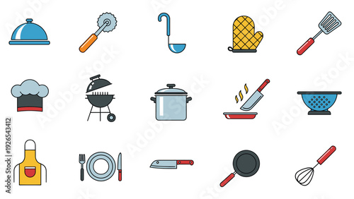 Comprehensive set of various kitchen utensils and cooking equipment icons in a flat and colorful illustrative style.