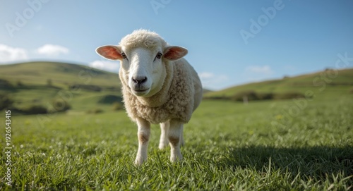 Smiling pet sheep grazing and exploring a green grassy lawn with layered hills behind on a sunny summer day full length