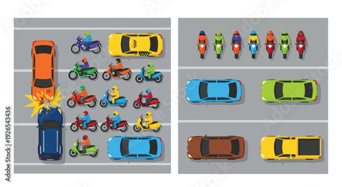 Overhead view of a traffic scene with motorcycles and a collision