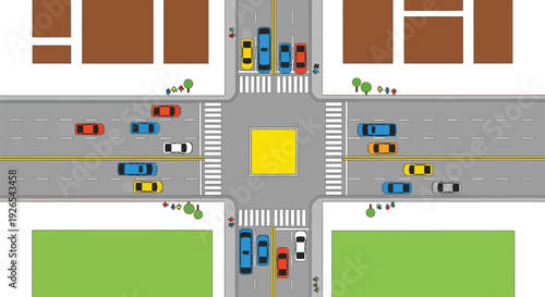 Top down view of a city intersection with cars and pedestrian crossings