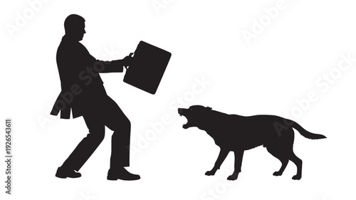 Dog attack silhouette with man holding briefcase as shield, aggressive barking canine confrontation, security risk concept, isolated black shapes on white background